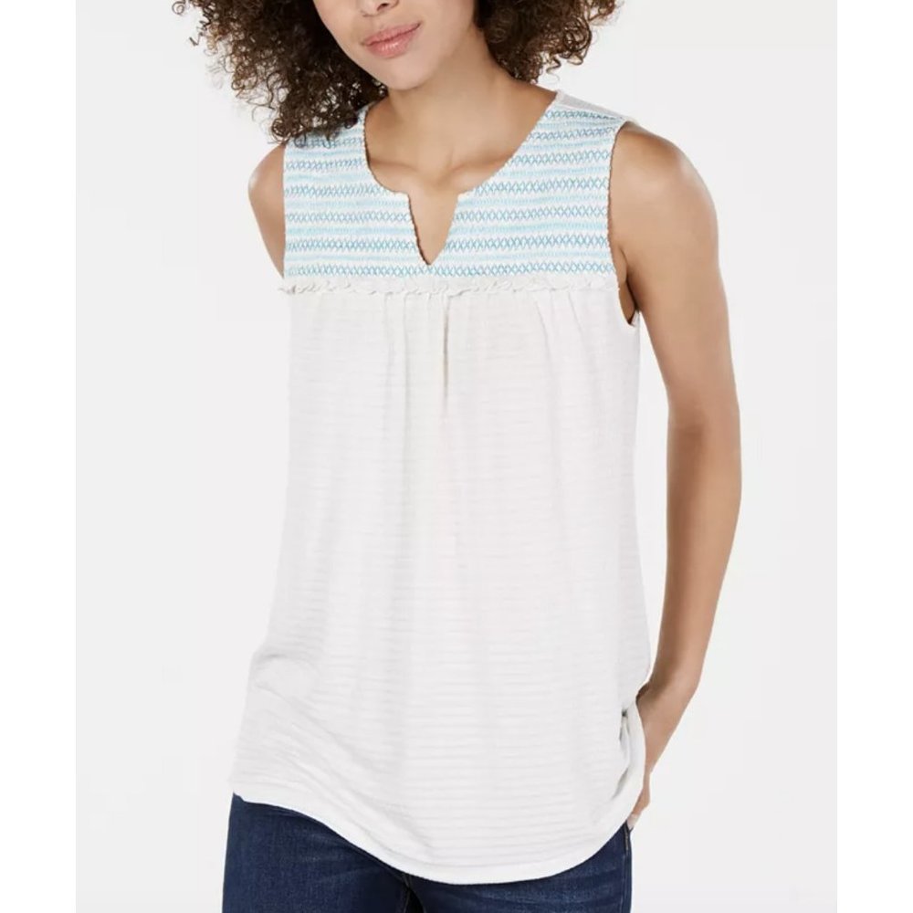 MSRP $44.50 Style & Co Embroidered-Yoke Ruffle-Trim Top Size Large